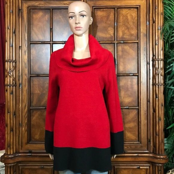 Jones New York Crimson Black Colorblock Bell Sleeve Cotton Blend Sweater - Picture 1 of 13